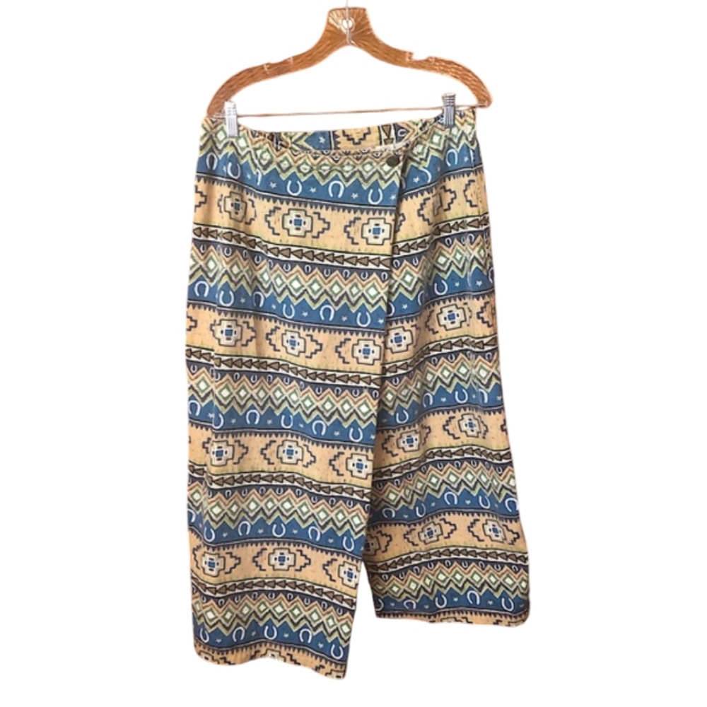 Vintage Susan Bristol western print denim maxi skirt slit size 16 Yellowstone